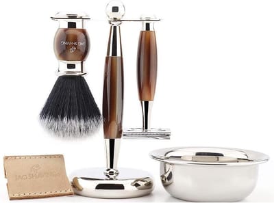 Scheerset voor heren, dubbelzijdig veiligheidsscheermes met etui, zwarte synthetische scheerkwastkom en standaard, perfecte cadeauset voor mannen (scheerset voor heren)