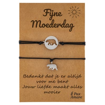 Moeder Dochter Armbandjes voor 2 "Fijne Moederdag" - Beertjes - Moeder Kind Armbandjes met Persoonlijk Cadeau Kaartje voor mama - Zilverkleurig - Elastisch Verstelbaar - Pax Amare