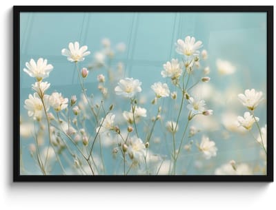 Poster in lijst - Fotolijst 90x60 cm - Posters - Stengels - Bloemen - Lucht - Wit - Posterlijst zwart - Decoratie - Wanddecoratie woonkamer - Muurdecoratie slaapkamer