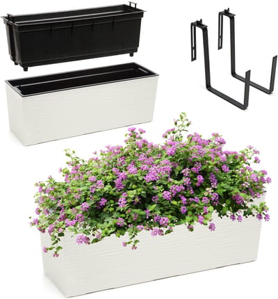 KADAX Bloembak van kunststof, 18,5 x 56 cm, plantenbak met inzet, weerbestendige balkonbak, rechthoekige bloembak, bloempot voor buiten, met houders, gekerfd patroon, crème