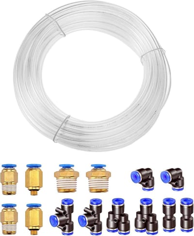 Pneumatische PU Slang 10 m, Flexibele Polyurethaan Slang voor Samengeperste Lucht, Transparant met 8 Stuks 4 mm Pneumatische Verbindingen en Snelle Koppelingen