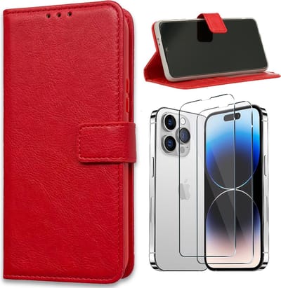 Casemania Hoesje Geschikt voor Apple iPhone 15 Rood & 2X Glazen Screenprotector- Portemonnee Book Case - Kaarthouder & Magneetlipje