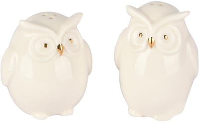 Dekoratief | Peper/zout uiltje, wit/goud, porselein, 5x5x6cm, set van 2 stuks | A255742