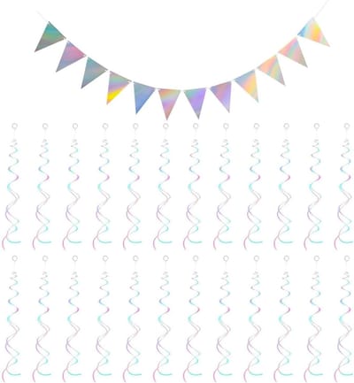 Kleurrijke dubbele spiralen en banner voor modieuze feestdecoratie, gepersonaliseerde versiering voor elk evenement.