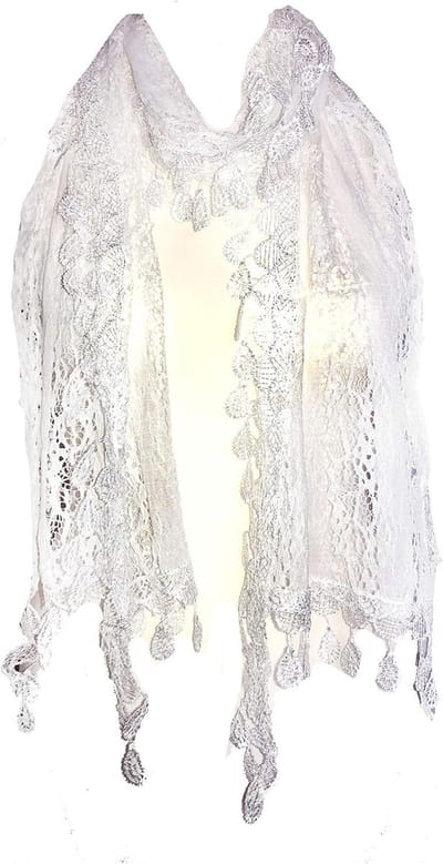 Lange kanten sjaal - Dames sjaal - Feestelijke outfit - Fijn bladerpatroon - 20 x 180 cm - Wit