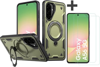 Hoesje Geschikt voor Samsung Galaxy A56 met 2 Stuks gehard glas Screenprotectors - Armor hoes met Ringhouder - Arara backcover - Groen