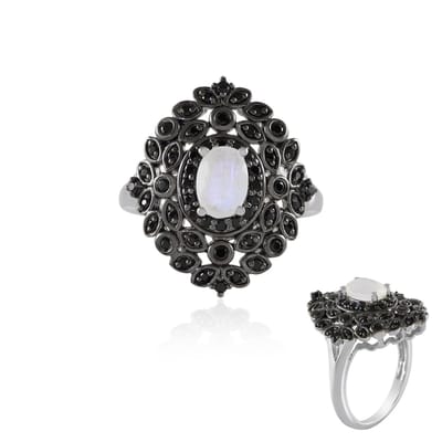 Cavill - Zilveren Ring met Regenboog Maansteen 0,83 ct en Zwarte Spinel 0,55 ct - 925 Platina Gecoat Zilver - Ovaal Edelsteen Ring Dames