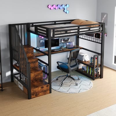MODFU – Hoogslaper – 90x200 cm – Bureau & Opbergrek – LED & USB – Metaal – Zwart