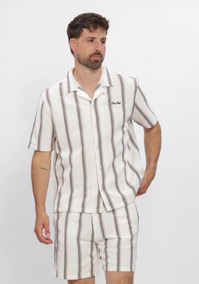 PURE PATH Striped Shortsleeved Shirt Heren - Vrijetijds blouse - Gebroken wit - Maat S