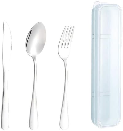 2-persoons kampeerbestekset — Twee 3-delige sets (mes, vork en lepel) — Roestvrijstalen bestek — Bestekset in opbergdoos — Draagbaar roestvrijstalen reisbestek — Ideaal voor op reis, outdooractiviteiten, picknicks en op kantoor