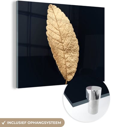 MuchoWow® Glasschilderij 160x120 cm - Schilderij acrylglas - Black en gold - Bladeren - Zwart - Planten - Luxe - Foto op glas - Schilderijen