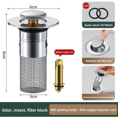 Bouchon de lavabo en acier inoxydable, anti-odeurs, noyau rebondissant, type presse, accessoire universel pour lavabo gray