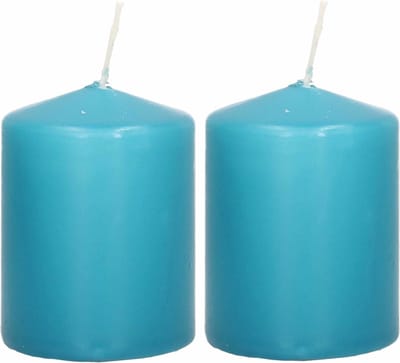 Trend Candles Cilinderkaars/stompkaars - 2x - turquoise - 6 x 8 cm - 29 branduren - met brandvertragende folie