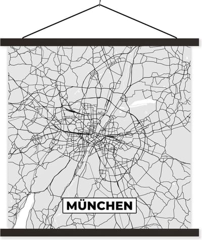 Posterhanger incl. Poster 60x60 cm - Schoolplaat - München - Kaart - Plattegrond - Stadskaart - Duitsland - Textielposter - Zwarte latten - Stadskaart
