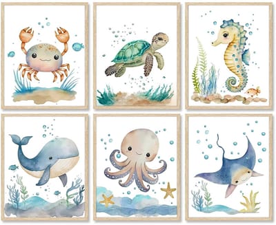 Dailygoody - Ocean Animal Muur Kunst - Watercolor Zeedieren Posters - 6 - 8x10 inch - Kindvriendelijk Decor - Kinderkamer Decoratie