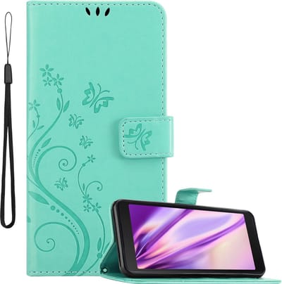Cadorabo Hoesje geschikt voor Samsung Galaxy XCover 5 in BLOEMEN TURKOOIS - Beschermhoes in bloemmotief met magnetische sluiting, standfunctie en kaartsleuven Book Case Cover Etui