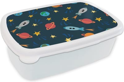 Broodtrommel Wit - Lunchbox - Brooddoos - Patronen - Aarde - Ruimte - Raket - Jongens - Kinderen - Jongetje - Kids - 18x12x6 cm - Volwassenen
