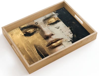 Dienblad hout 40x30 cm - Schootdienblad - Abstract - Goud - Gezicht - Lippen - Borrelplank rechthoek - Plateau dienbladen