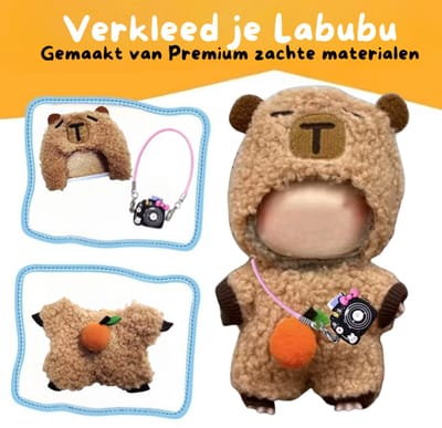Bruine Zachte Capibara Onesie Kleding – Met Mandarijn en Fotocamera – Cute & Funny Outfit Accessoire Geschikt voor Labubu (Pop Niet Inbegrepen)