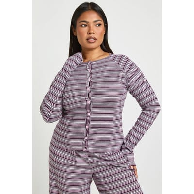 boohoo Dames Plus Gestreepte Doorknoop Lange Mouwen Top | Roze | Maat: 44
