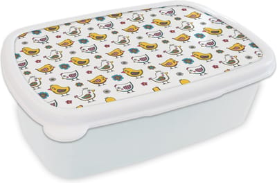 Broodtrommel Wit - Lunchbox - Brooddoos - Kip - Bloemen - Lente - Patronen - Kinderen - 18x12x6 cm - Volwassenen