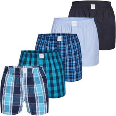 MG-1 Wijde Boxershorts Heren Geweven Katoen 5-Pack Blauw/Zwart - Maat M - Gulp met knoopsluiting