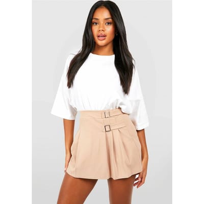 boohoo Dames Crêpe Geplooide Tennisrok met Gespdetail | Steen | Maat: 34