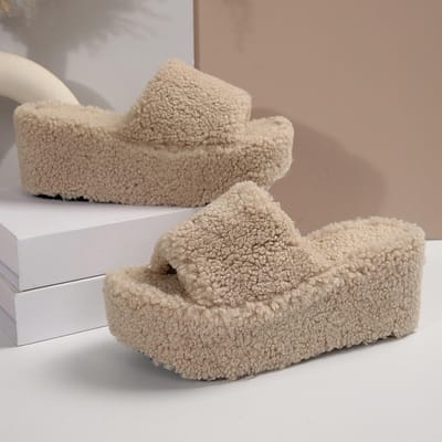 Platform Dames Slippers Sleehak Pluizige Slides Bont Slippers voor Dames Winter Open Teen Binnenschoenen Comfortabele Mode Sandalen 38 gray