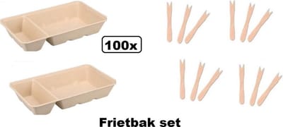 100x Bio Frietbakje A7 met sausvak + 100x Houten snackvork - Friet patat frites saus friet bakje snack next generation carnaval festival thema feest