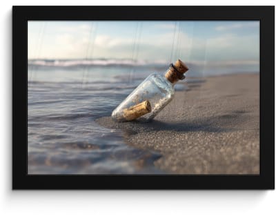 Poster in lijst - Fotolijst 30x20 cm - Posters - Glazenfles - Post - Zee - Zand - Posterlijst zwart - Decoratie - Wanddecoratie woonkamer - Muurdecoratie slaapkamer