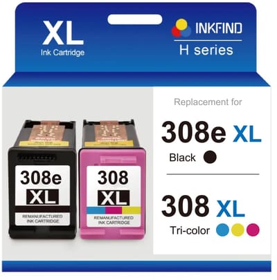 INKFIND 308e XL Huismerk inktcartridges (extra hoge capaciteit 560 pagina's + 180 pagina's met 5% dekking) Geschikt voor HP 308 HP308 HP308e HP 308e 6L6S6UE 7FP22UE 7FP21UE 7FP20UE 2-pack (Zwart x 1 en Kleur x 1)