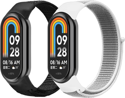 Stravo 2-Pack Nylon Bandjes – Geschikt voor Xiaomi Smart Band 10 (Xiaomi Mi Band 10) / Xiaomi Smart Band 9 (Xiaomi Mi Band 9) / Xiaomi Smart Band 8 (Xiaomi Mi Band 8) – Klittenbandsluiting – Ademend Sport Bandje – Zwart & Wit