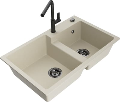 Mexen Tomas granieten gootsteen 2-kamer met keukenmengkraan Flora, beige - 6516-69-670401-70-B