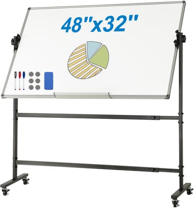 Mobiele Whiteboard – Magnetisch Bord – Draaibaar Whiteboard – Verplaatsbaar Whiteboard – Schoolbord – Dubbelzijdig Beschrijfbaar – Verstelbare Hoogte & Hoek - 48x32inch