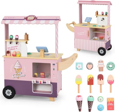 COSTWAY IJskar voor kinderen met ijsspeelgoed, winkel hout met ijsmachine, verkoopautomaat, kassa en scanner, 15 accessoires voor kinderen vanaf 3 jaar (roze)
