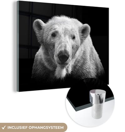 MuchoWow® Glasschilderij 160x120 cm - Schilderij acrylglas - IJsbeer - Dier - Zwart - Wit - Foto op glas - Schilderijen