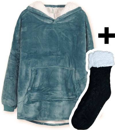 Zoem - Fleece deken met mouwen Turquoise - inclusief fleece sokken - combi deal - fleece plaid - sweater - 280 gsm - trui - Hoodie - Snuggle Hoodie - Oversized fleece - wintertrui