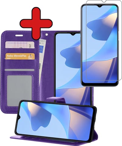 Hoesje - Met Screenprotector - Geschikt voor OPPO A16s - Luxe Pasjeshouder - Flipcase - Bookcase Portemonee - Flip Case - Kunstleer Book Case - Book Cover - Walletcase - Portemonneehoes - Telefoonhoes - Paars
