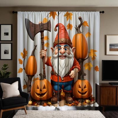 2 pièces Citrouille HD de Thanksgiving avec hache vieil homme rideau décoratif Cravate jaune rideau imprimé numérique style décoration maison dec W52H63inchW132H160cm white