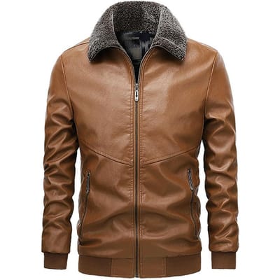 Heren Leren Jas met Bontkraag, Heren Trendy Verdikte Velvet Revers Leren Jas, Winterjas, Slim Motorjas Heren 5XL brown