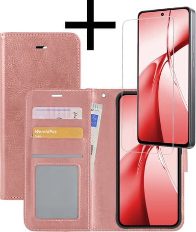 Hoesje - Met Screenprotector - Geschikt voor OnePlus Nord CE4 - Luxe Pasjeshouder - Bookcase Portemonee - Flip Case - Kunstleer Book Case - Flipcase - Book Cover - Walletcase - Portemonneehoes - Rosé goud