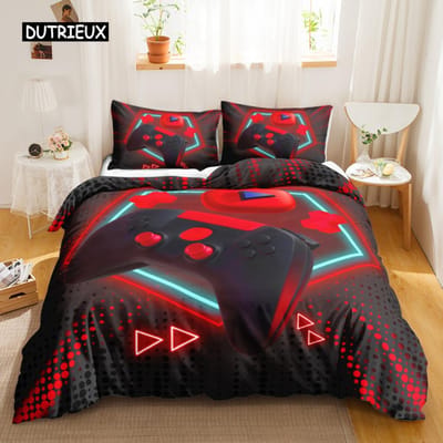 Spelletjes Beddengoed Set Kleurverloop Gaming Dekbedovertrek voor Kinderen Tieners Gamepad Bedspreihoes Neon Spelletjes Heavy-duty Polyester Dekbedovertrek EU single(135x200cm)