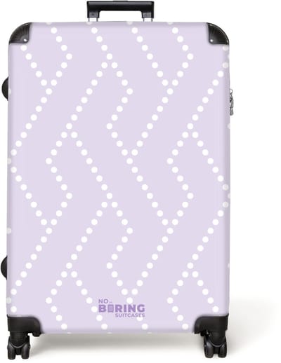 NoBoringSuitcases.com® - Koffer groot - Reiskoffer lichtgewicht - Wit gestippeld zigzagmotief op lila achtergrond - Rolkoffer met 4 wielen - Grote trolley XL - 98 liter bagage