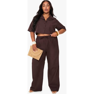 boohoo Dames Plus Linnen Langslank Crop Shirt & Broek Co-ord | Black Chocolate | Maat: 48