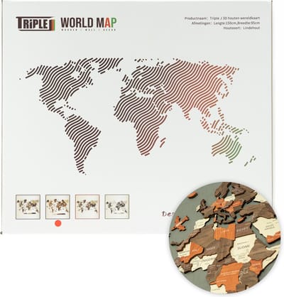 Triple J® Houten Wereldkaart 3D – Muurdecoratie & Wanddecoratie – Grote Wereldkaart van Hout – Bruin – 150 x 95 cm