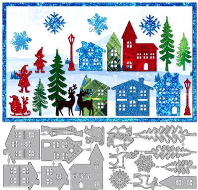 JHUBERS- Snijvormen Metalen - Winterse Kerstelementen - Sneeuwvlok/Rendier - Kerstman/Huis - Stanssjablonen - 2 Stuks 102 x 152 mm - Stansvormen