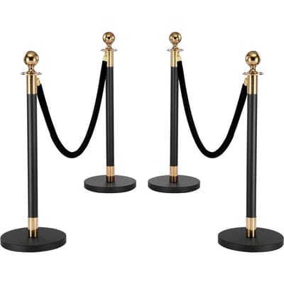 Poteau de guidage, Lot de 4 poteaux de guidage pour contrôle de foule avec 2 cordes en velours noir, Poteau de guidage robuste en acier inoxydable pour file d'attente avec base creuse pour