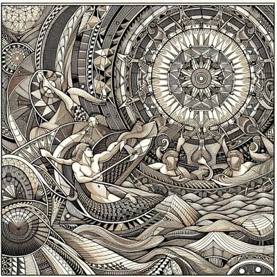 Line art escher schilderij | Maze of Illusion: A Geometric Journey into Escher's Mind | Kunst - 60x60 centimeter op Dibond | Foto op Dibond