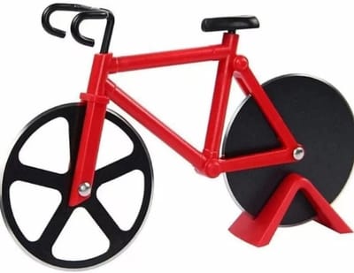 Pizzasnijder voor fiets, pizzarol, creatieve pizzasnijder, pizzames in fietsvorm, dubbel pizzames van roestvrij staal, voor pizza, cake, wafels, met standaard