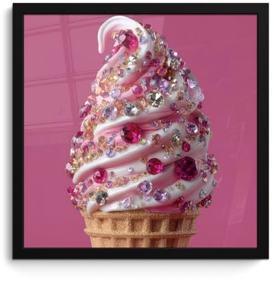 Poster in lijst - Fotolijst 40x40 cm - Posters - Softijs - Edelstenen - Roze - Hoorntje - Posterlijst zwart - Decoratie - Wanddecoratie woonkamer - Muurdecoratie slaapkamer